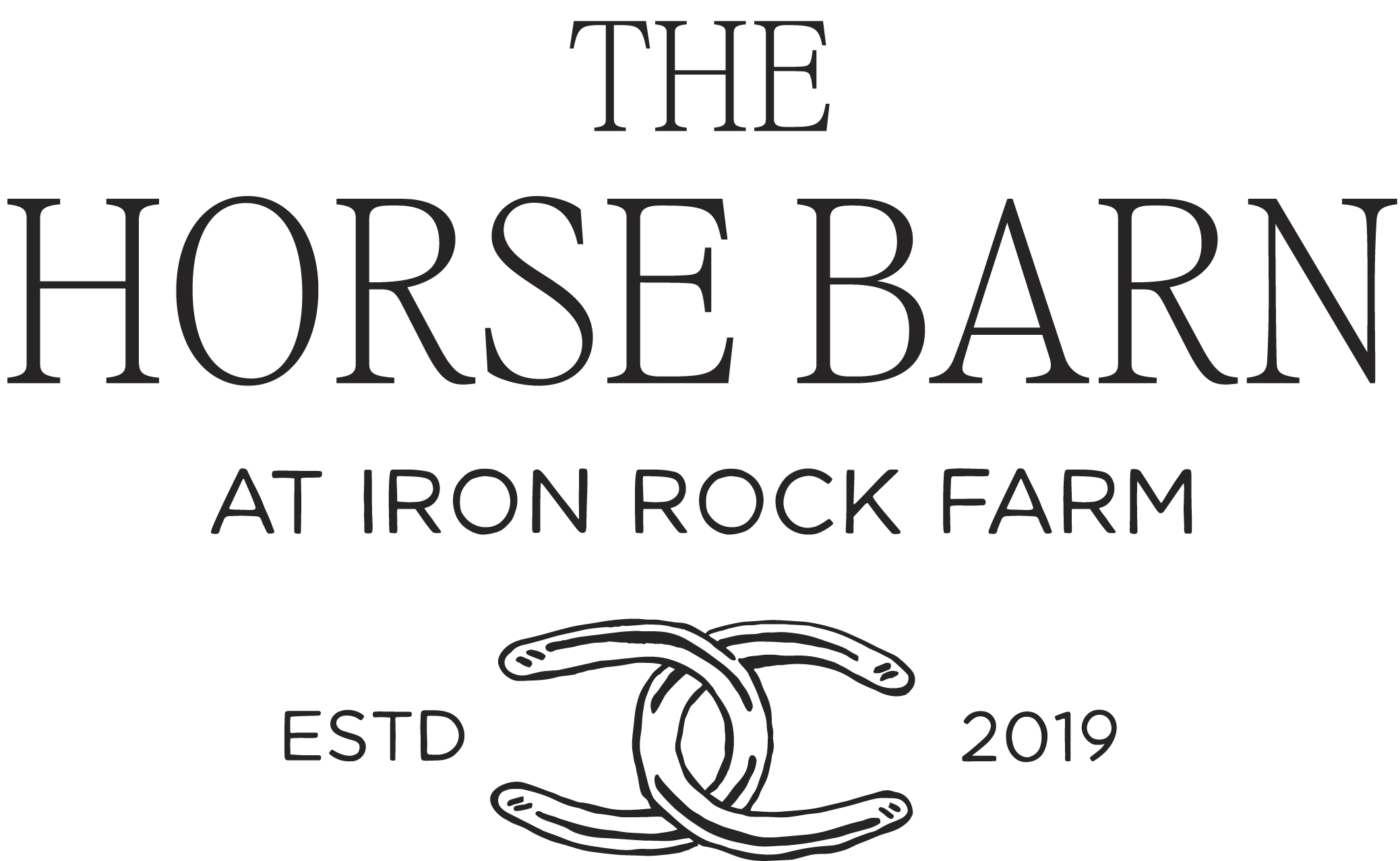 The Horse Barn at Iron Rock Farm logo with Estd 2019 text and a stylized horseshoe illustration on a black background