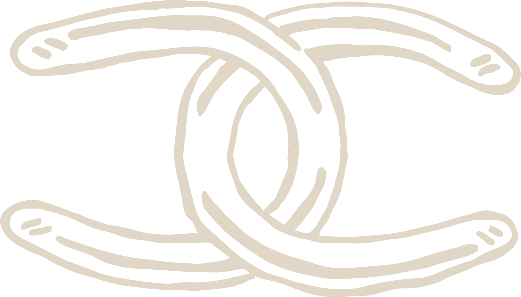 Beige abstract line drawing of looping, intertwined ribbon-like shapes on a black background