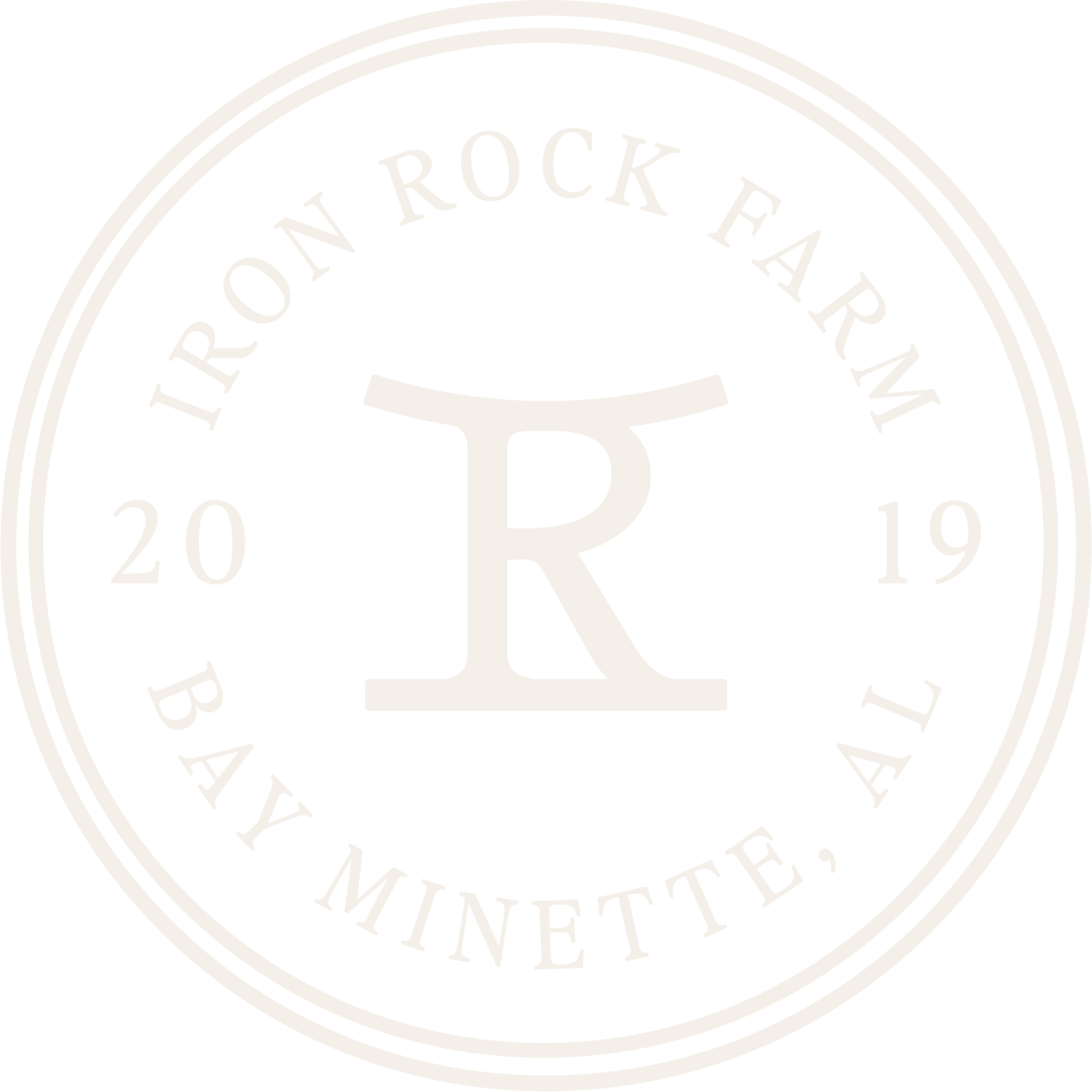 Black-and-white Iron Rock Farm logo with a large central R, circular border, and text reading “Iron Rock Farm,” “20,” “19,” and “Bay Minette, AL.”