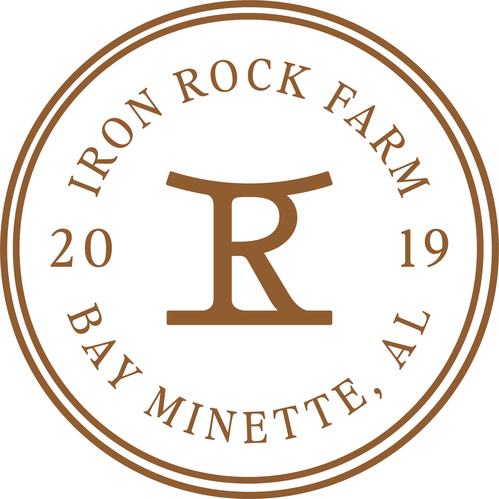 Brown Iron Rock Farm logo with large R monogram, double circular border, and text "20 Barn Lane, Iron Rock Farm, 2019"
