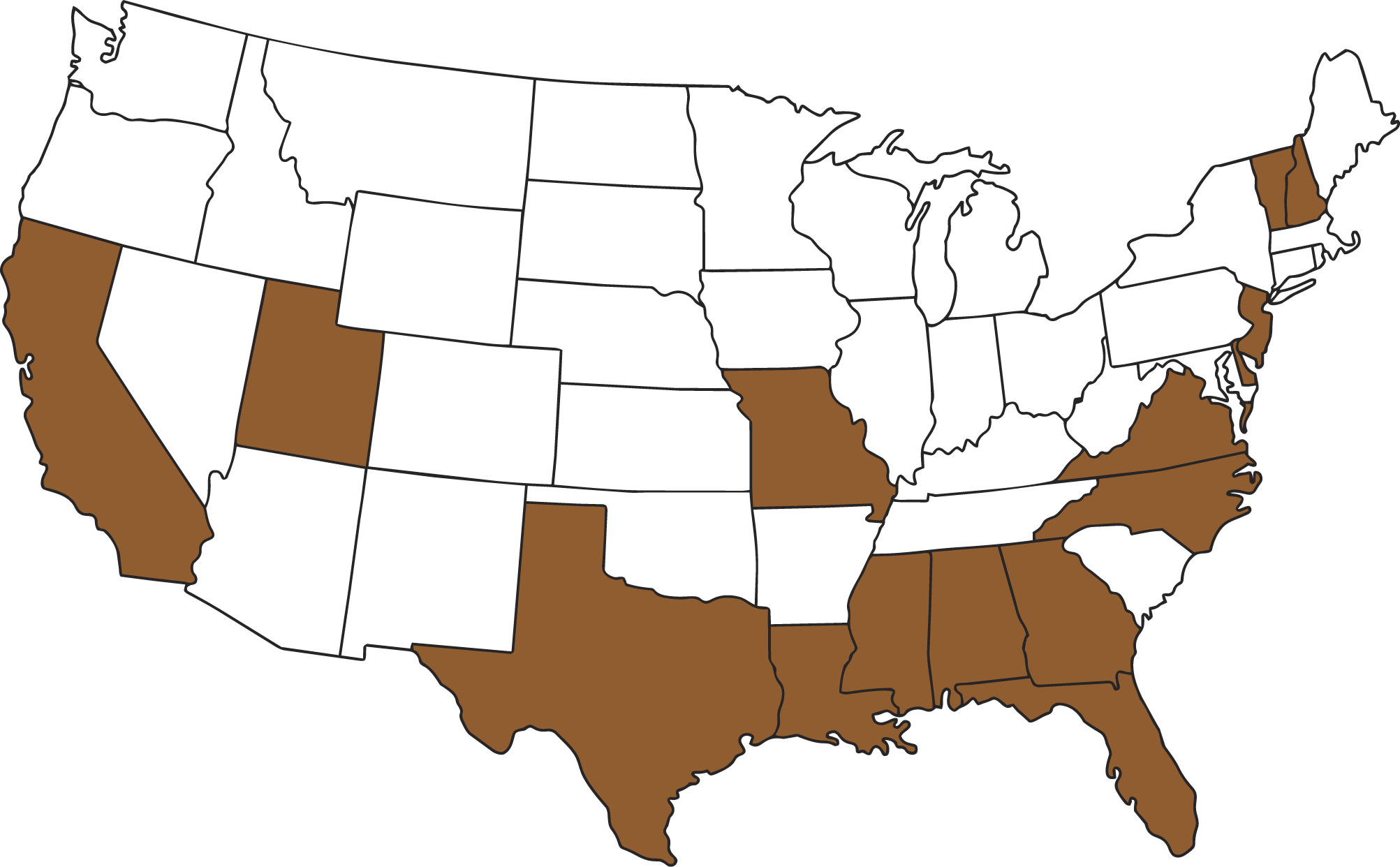 Map of the United States highlighting selected states in brown.