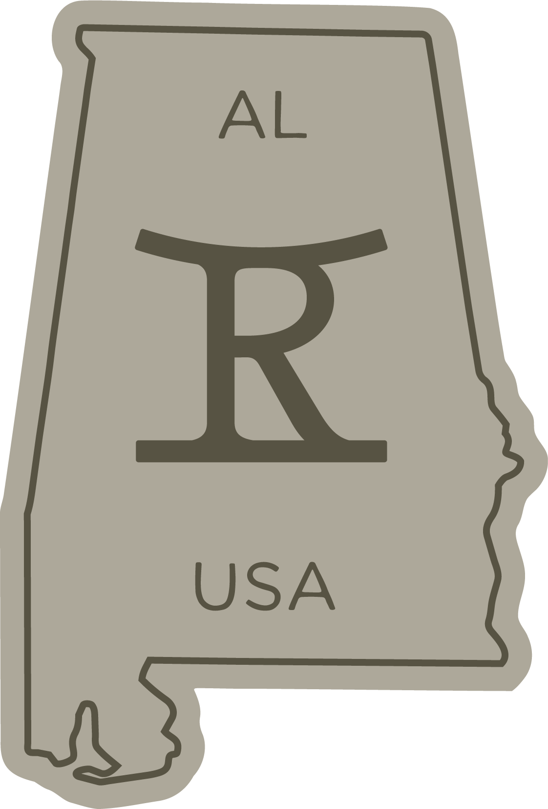 Stylized Alabama state outline with the letter R, labeled AL and USA