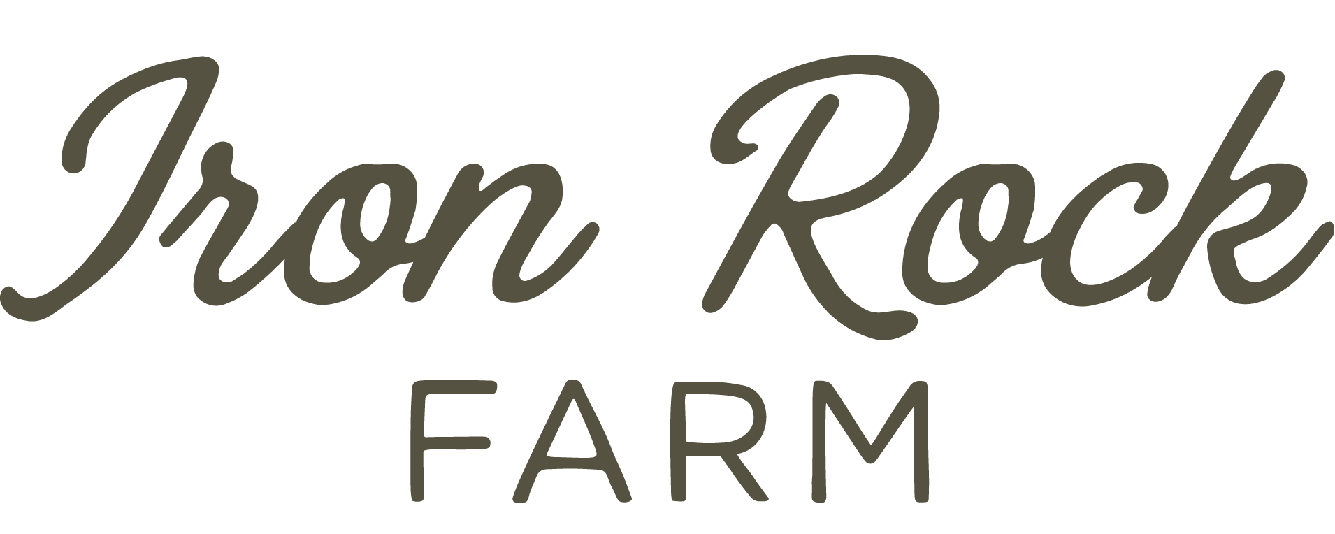 Gray script logo reading “Iron Rack” above the word “FARM” on a black background