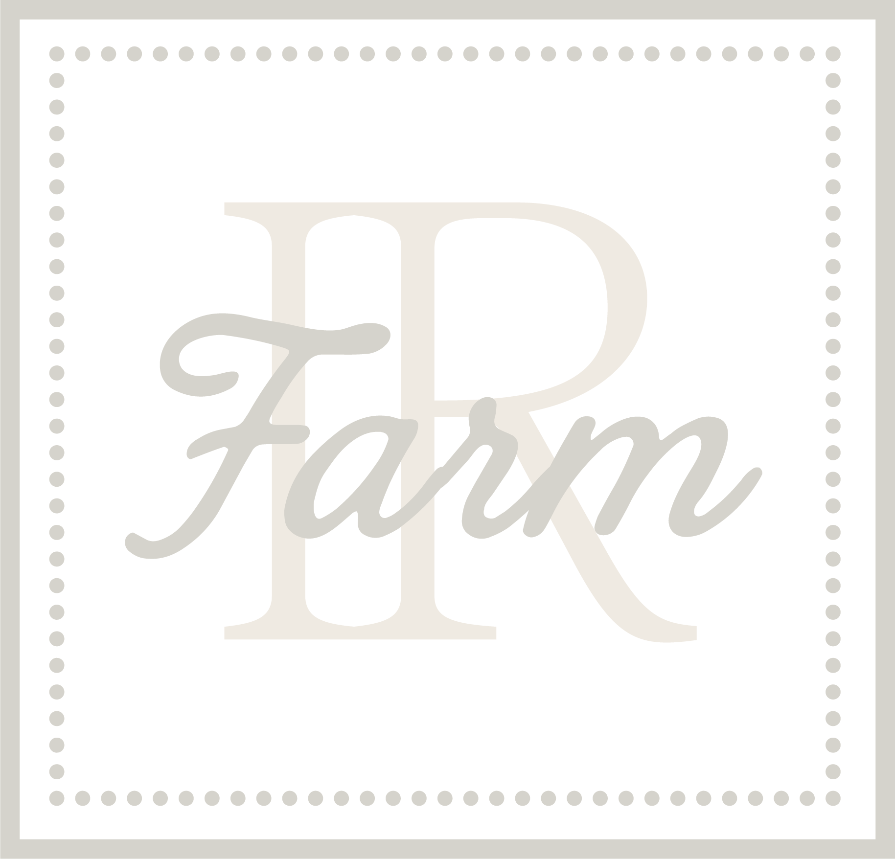 Decorative black sign with a dotted border and overlapping cream and taupe script initials or lettering.