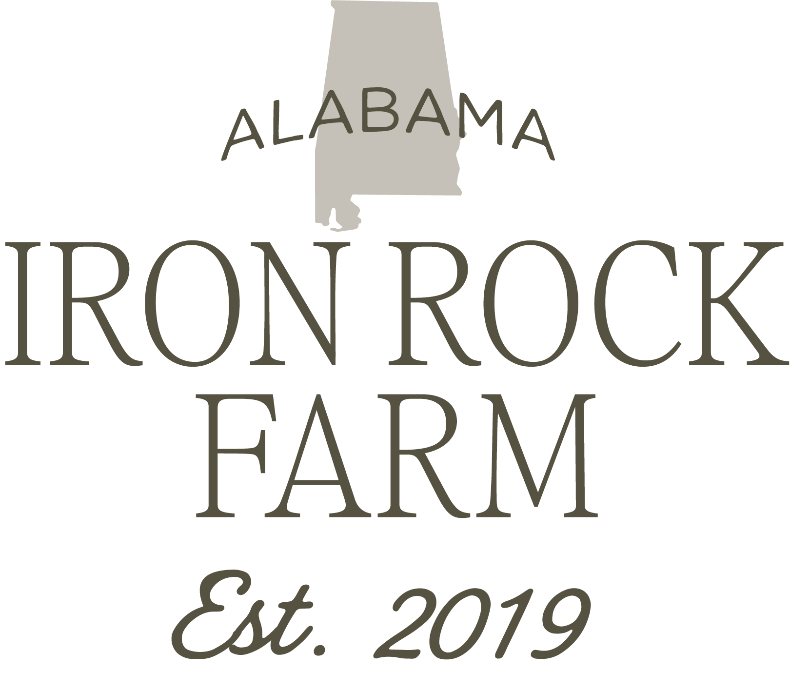 Alabama Iron Rock Farm logo with state silhouette and “Est. 2019” text