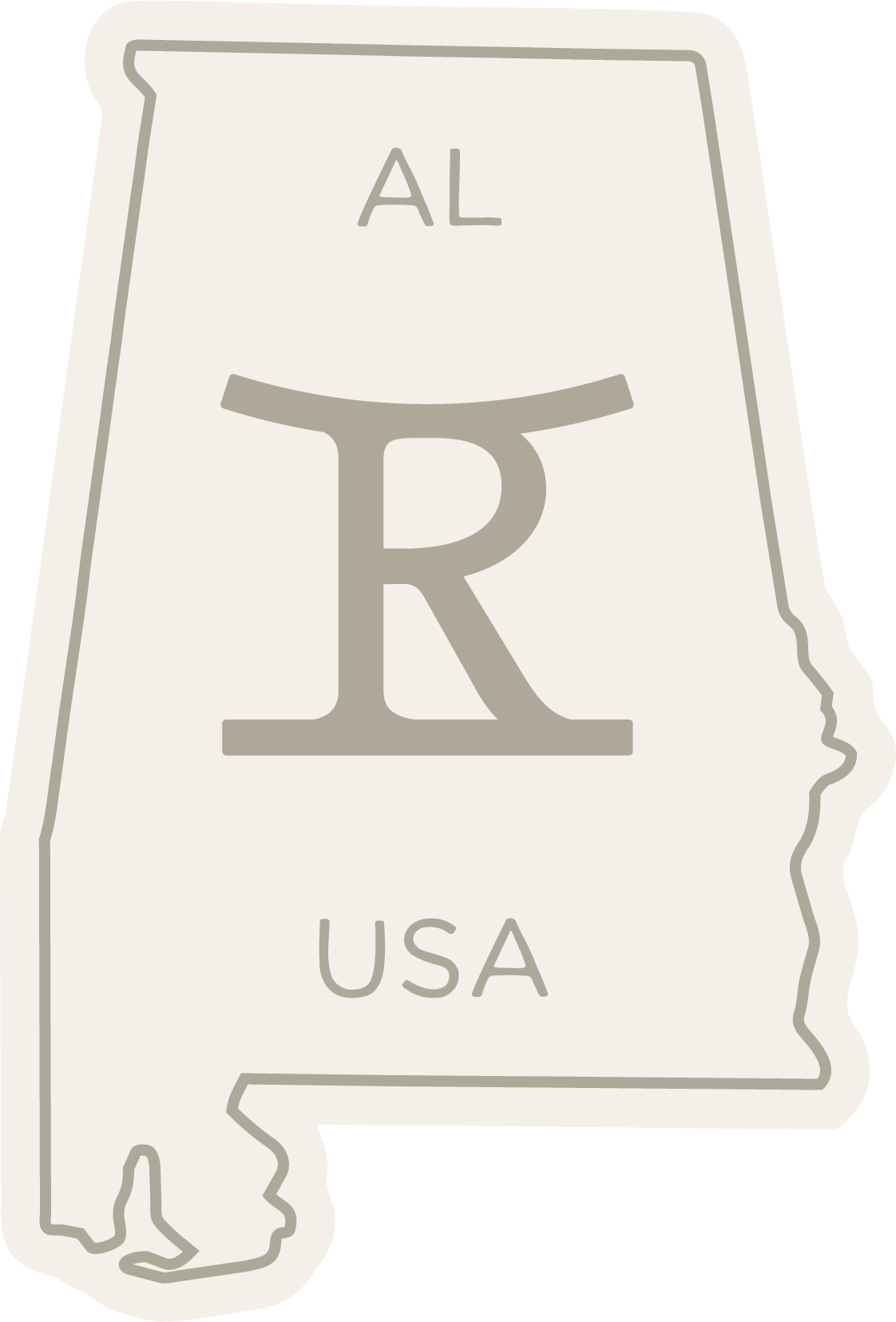 Vintage parchment-style map of Alabama labeled “AL” and “USA.”