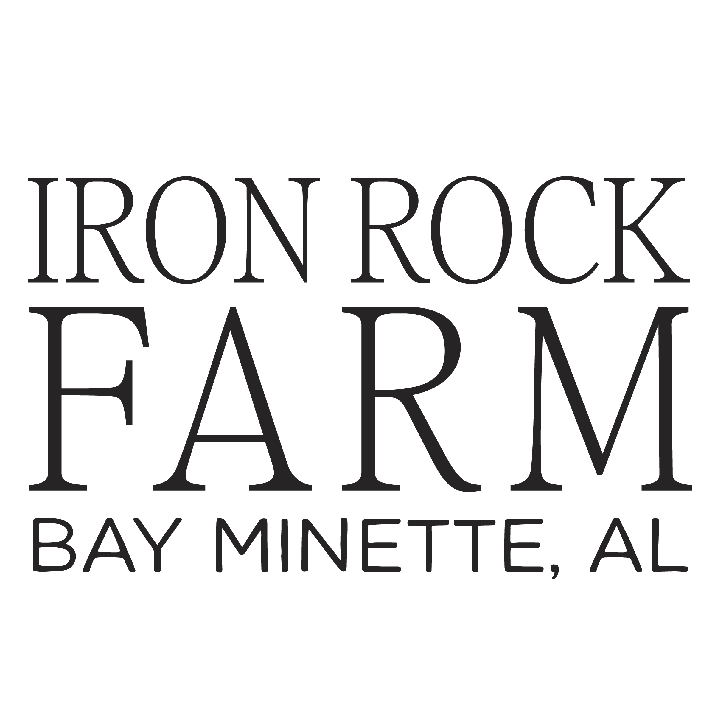 Black graphic with large gray text reading “IRONROCK FARM” and smaller text “BAY MINETTE, AL.”