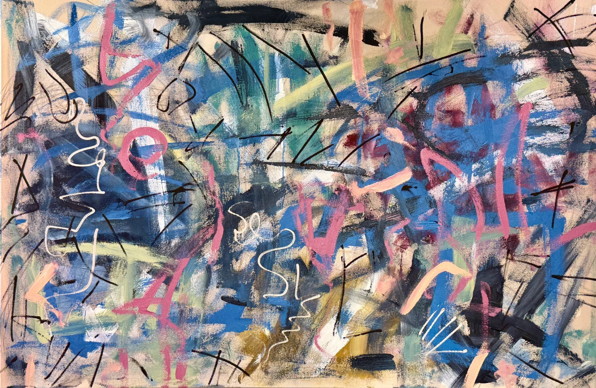 36”x56” acrylic on unprimed canvas. Signed by the artist on back.