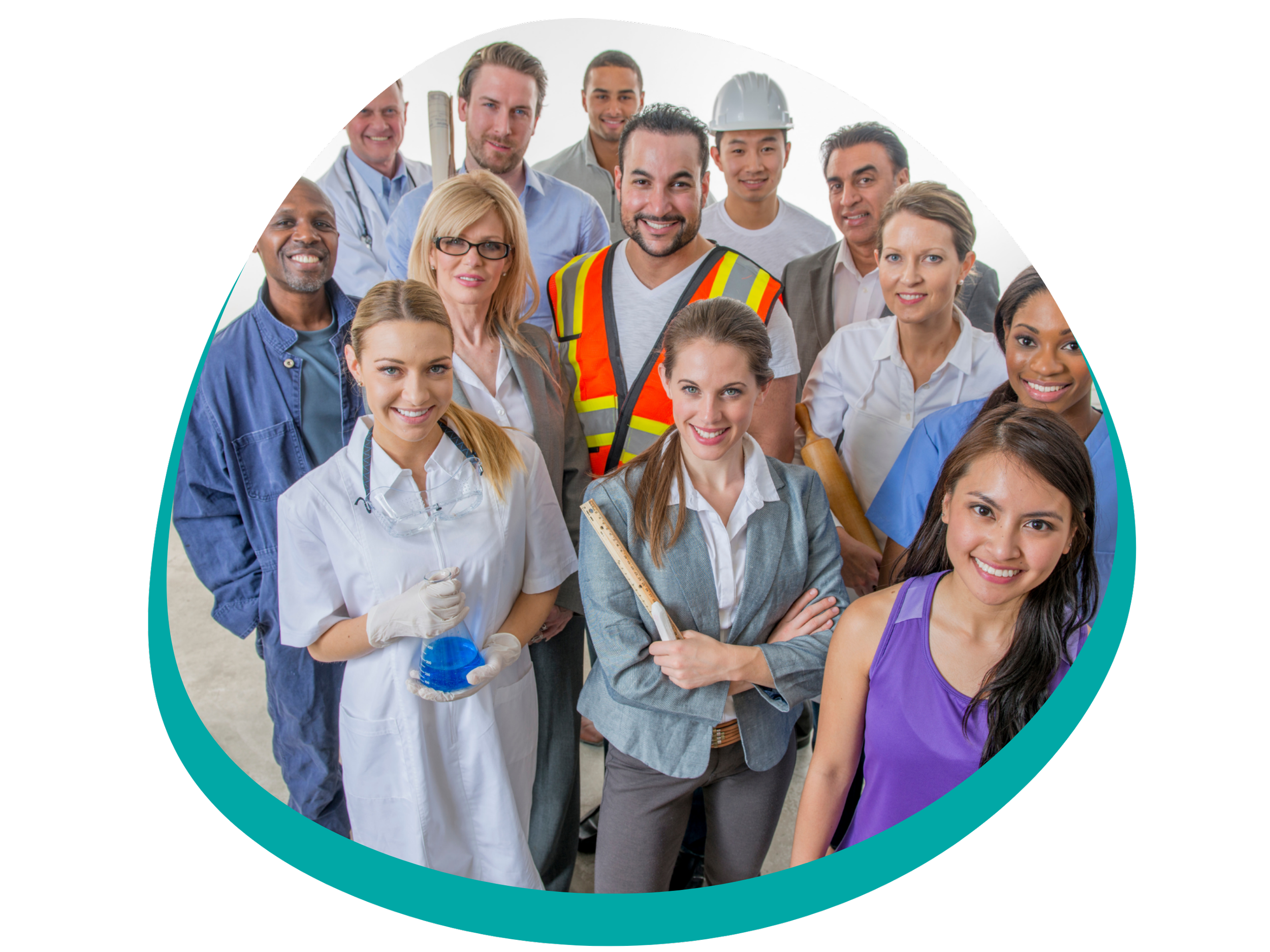 A diverse group of professionals from various fields, including healthcare, construction, and business, standing together and smiling at the camera.