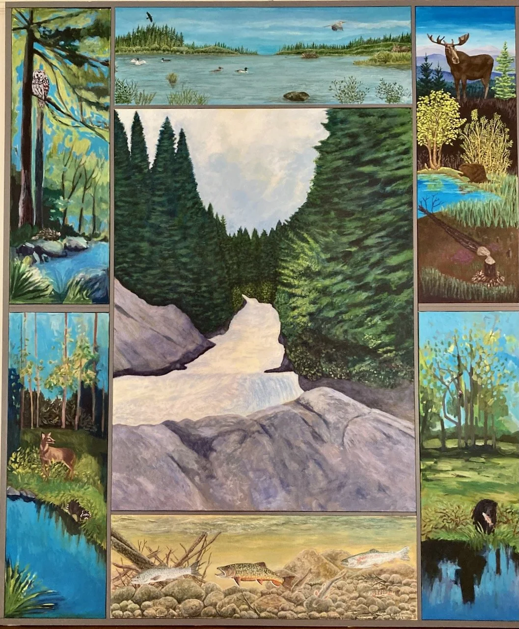 Connecticut River Source painting project for Connecticut River Conservancy. 6'x5' acrylic painting on 7 cavases. Center panel by John Sargent, top and bottom panels by Mark Lewchik, side panels by Emma Yount and Gretchen Saverson.