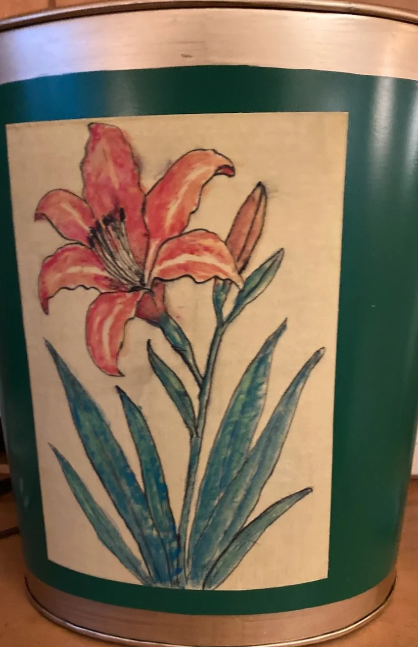Lily on metal wastebasket, 2025, Chinese Brush Painting on silk glued to metal