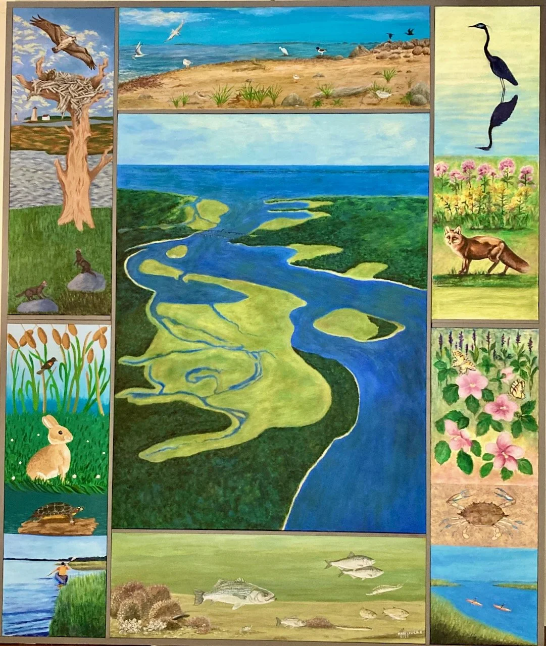 Connecticut River Estuary,  painting project for Connecticut River Conservancy. 6'x5' acrylic painting on 7 cavases. Center panel by John Sargent, top and bottom panels by Mark Lewchik, side panels by John Sargent, Morgan Allen, Melia Pisano 
