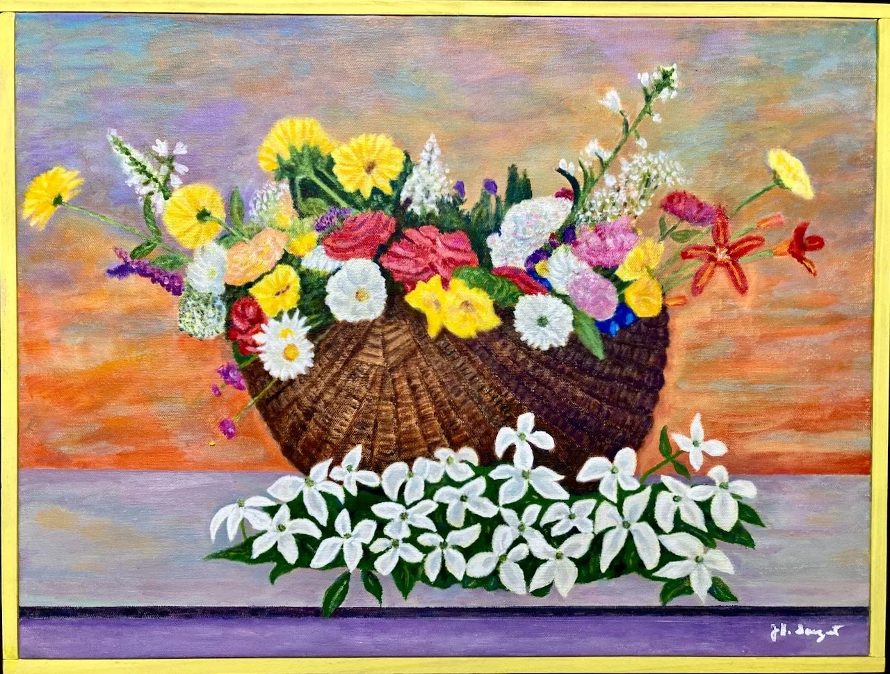 "Flower Communion Bouquet"
painting for All Souls retiring minister, 2025, 24"x 18",  Acrylic painting on canvas