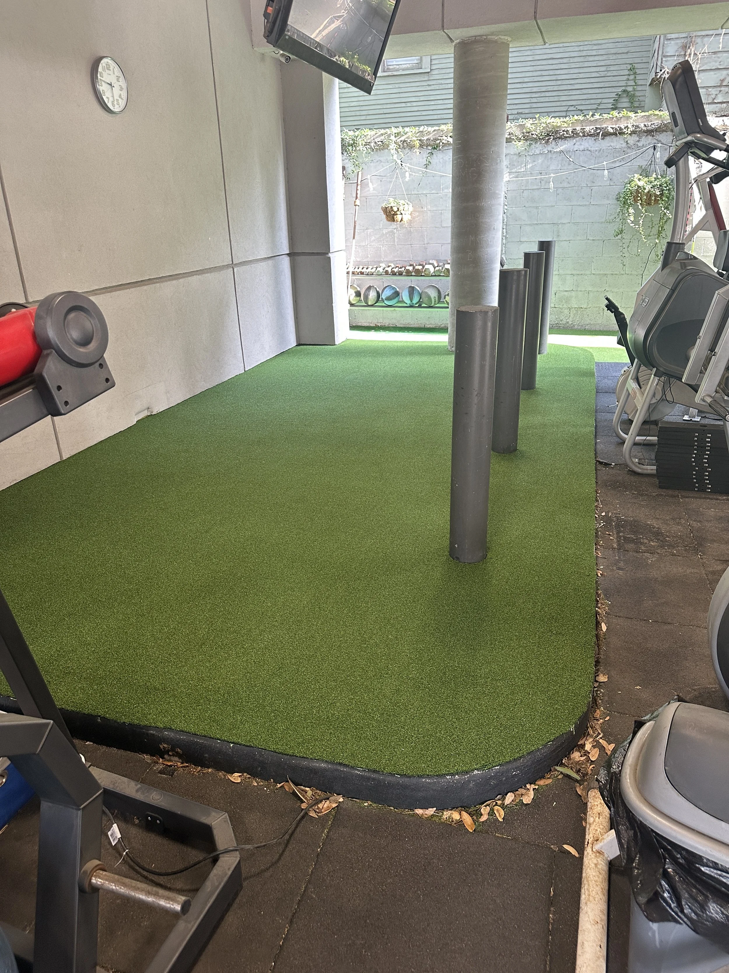 Indoor gym area with green turf flooring, exercise equipment, and an outside view through a doorway.