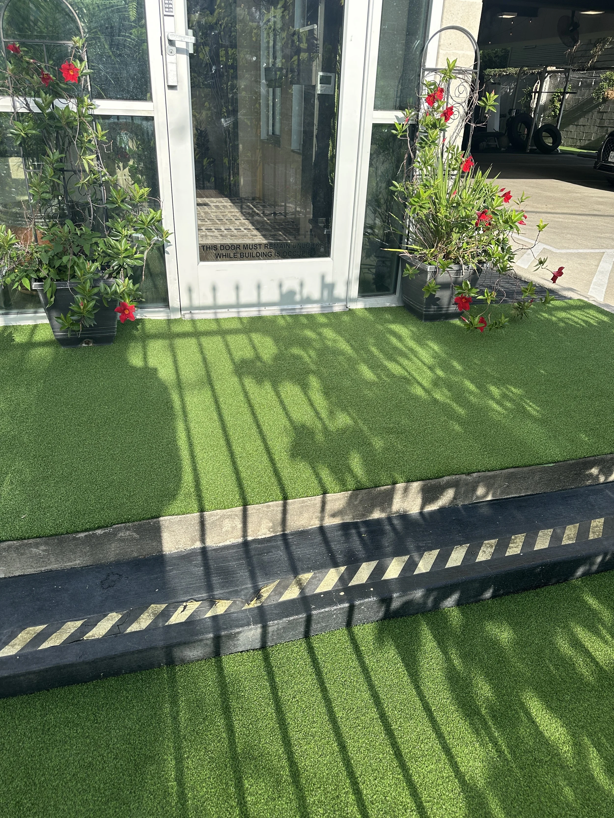 Entrance to a building with glass doors, two potted plants with red flowers on either side, and an artificial turf lawn. Turf laid by Horizon's Turf & Greens in Houston, TX.