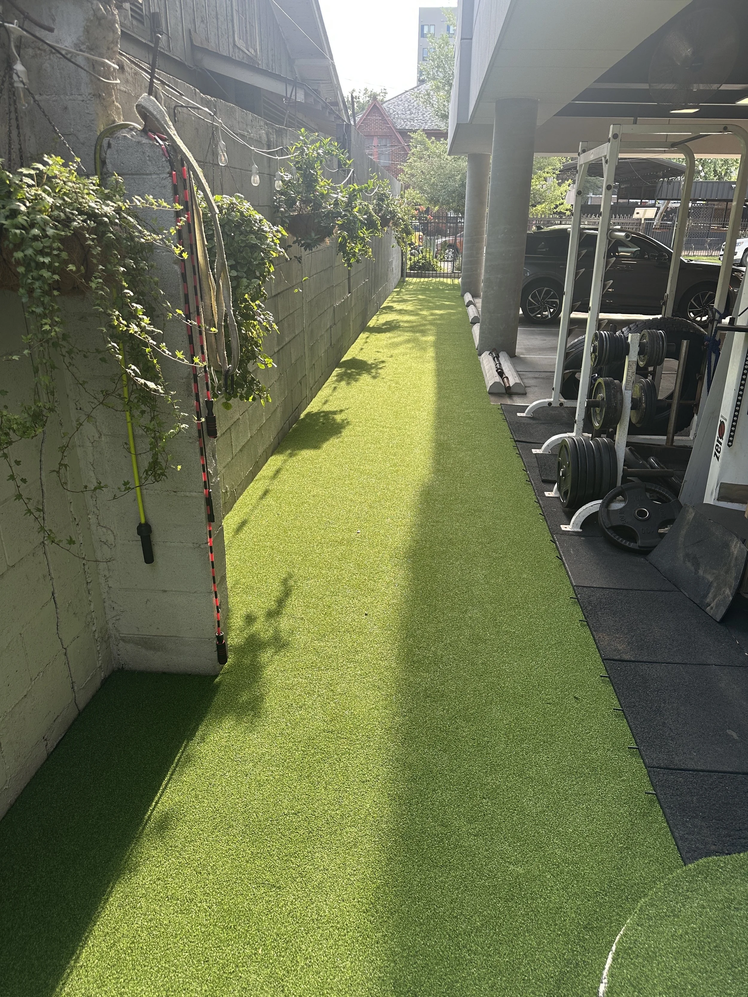 Outdoor fitness area with artificial green turf, weightlifting equipment, and hanging jump ropes along a gray concrete wall with plants, illuminated by sunlight.