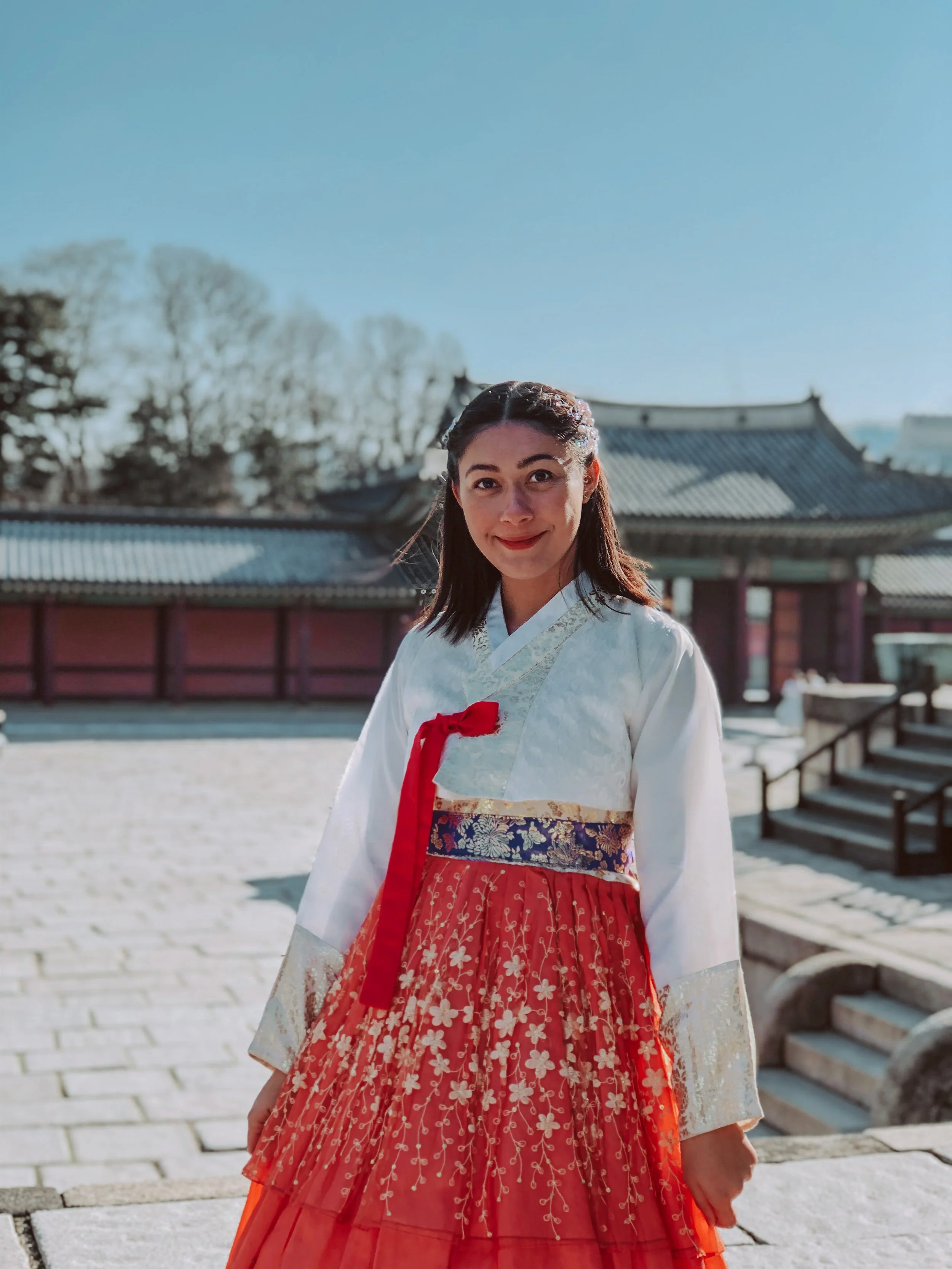 Photo from travelling across South Korea in winter wearing a hanbok dress