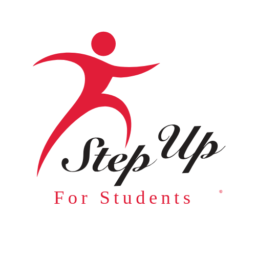 Logo with a stylized red figure stepping forward, the text 'Step Up' in black cursive, and 'For Students' in red below