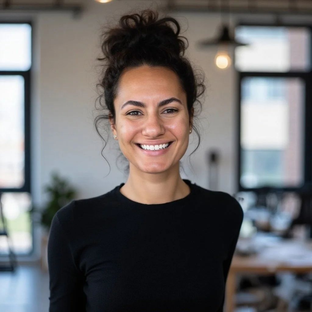 A woman with curly hair tied up in a bun, smiling, wearing a black shirt, indoors with large windows and modern decor.