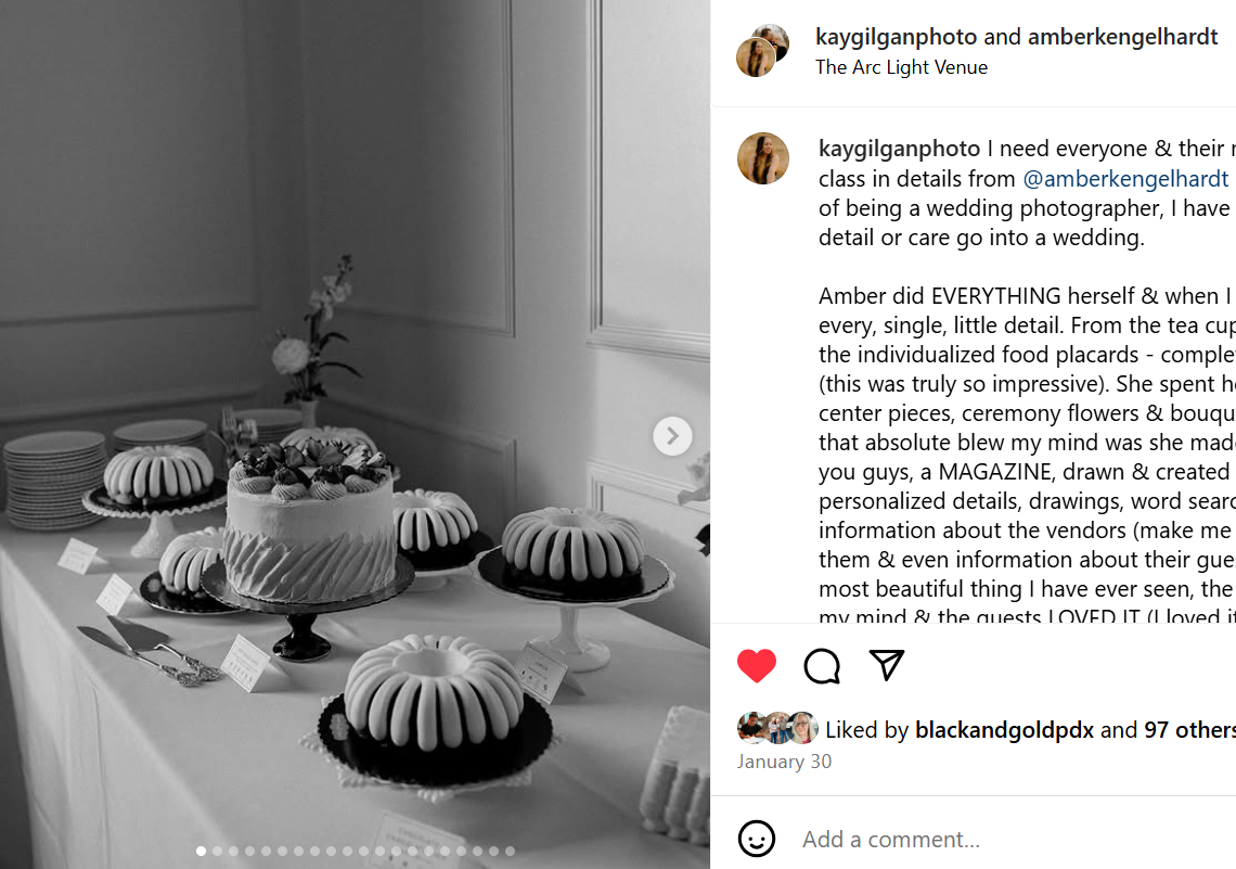 Screenshot of Kay Gilgan’s Instagram review praising Beam & Bramble founder Amber for the creativity, thoughtfulness, and intentional care poured into her wedding design