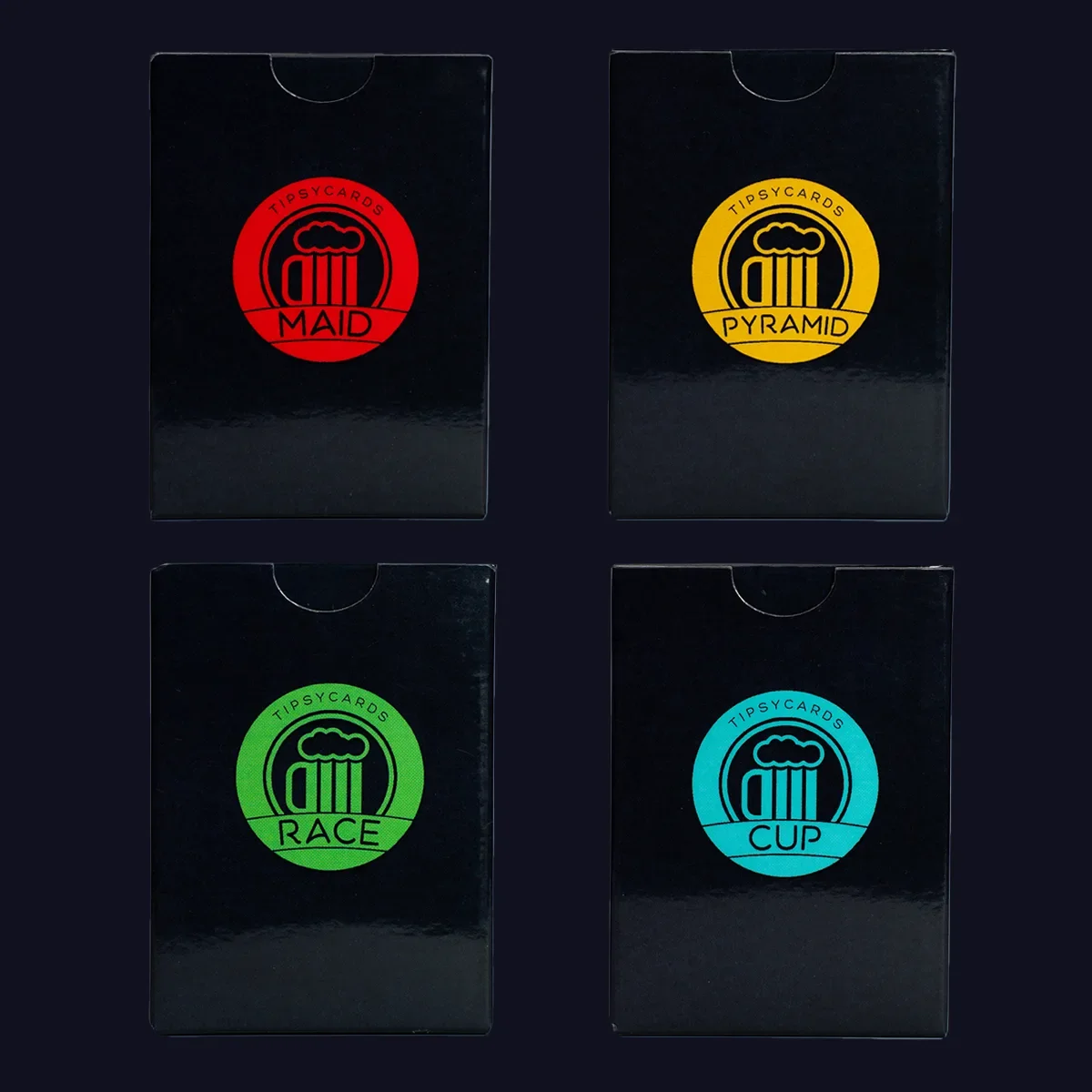 Four black boxes, each with a colored circular logo featuring a beer mug with foam. The logos are red labeled 'MAID', yellow labeled 'PYRAMID', green labeled 'RACE', and blue labeled 'CUP'.