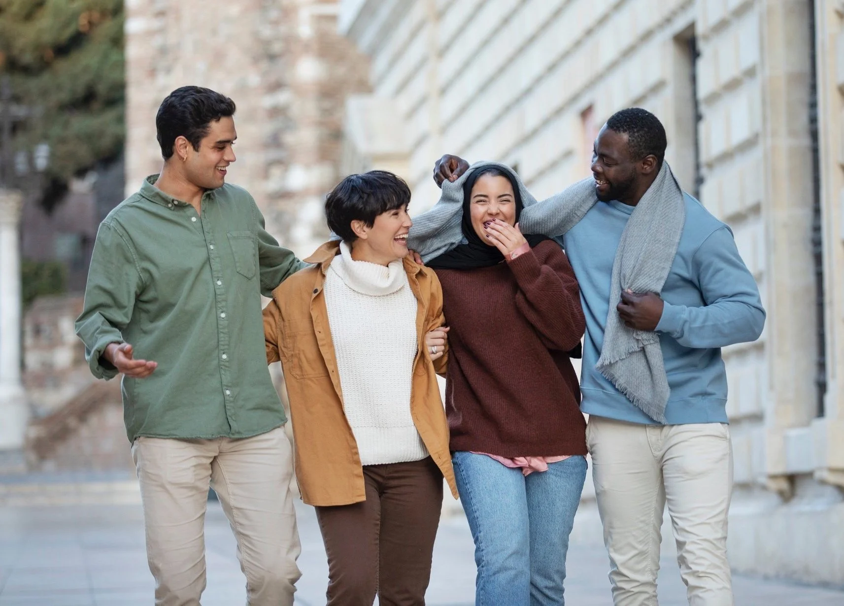 multi-cultural people walking