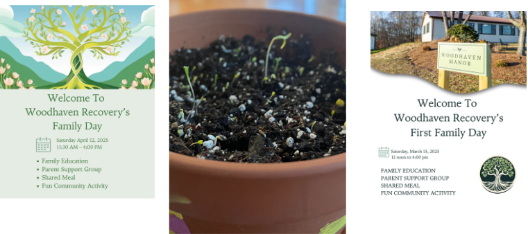 Woodhaven Recovery Family Day materials and seedlings symbolizing growth and renewal.