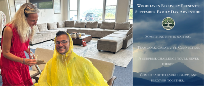 A Family Day moment alongside the Woodhaven Recovery September Family Day Adventure flyer.