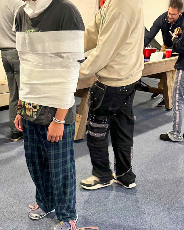 Residents at Woodhaven Recovery engaged in a lighthearted team-building activity, strengthening connection, trust, and community.