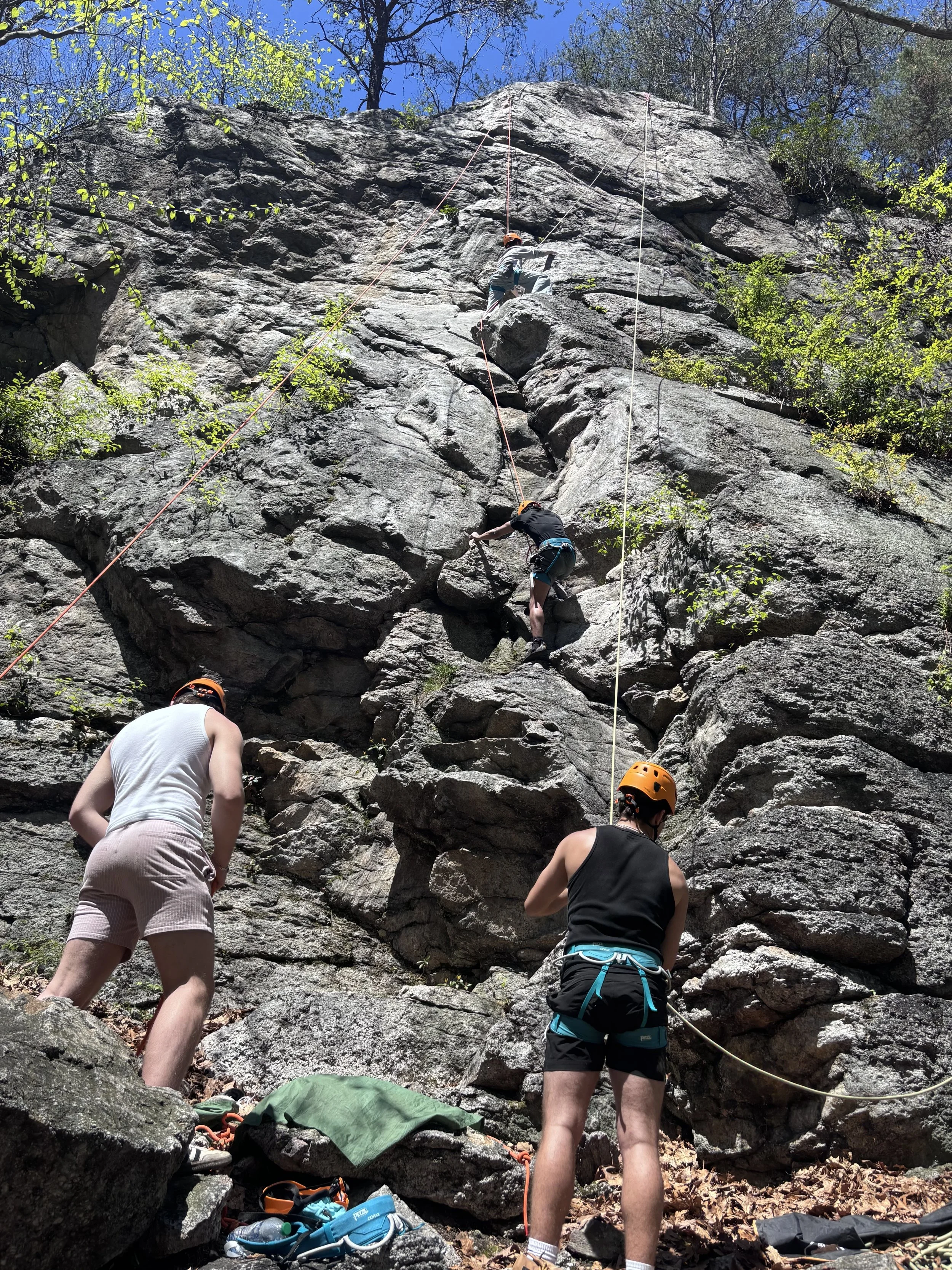 Woodhaven Recovery residents participating in an outdoor rock climbing experience focused on trust, courage, and connection.