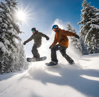 Residents snowboarding on Elk Mountain, experiencing active winter recreation amid beautiful snowy mountain landscapes.