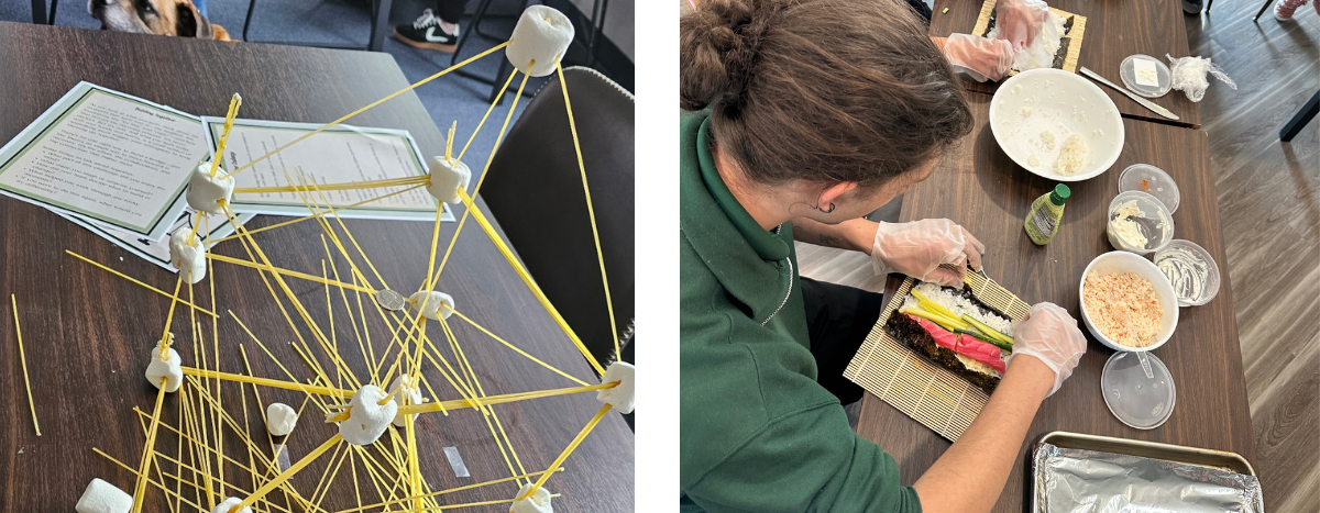 Family Day activities at Woodhaven Recovery, building spaghetti bridges and making sushi together.