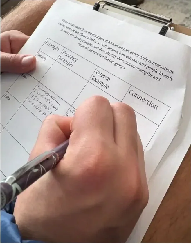Woodhaven Prep student completes a recovery principles reflection worksheet connecting academic writing with honesty, faith, and personal growth.