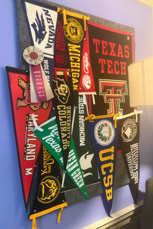 College banners representing schools with collegiate recovery programs, reflecting future pathways for young men in recovery.