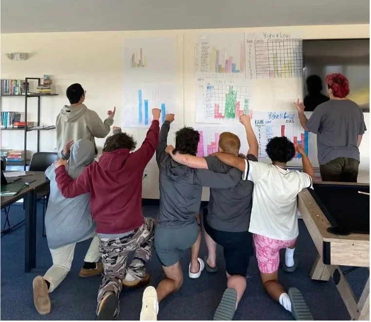 Teen boys presenting classroom work from behind at Woodhaven Prep, representing engaging instruction, academic confidence, and recovery-integrated learning.