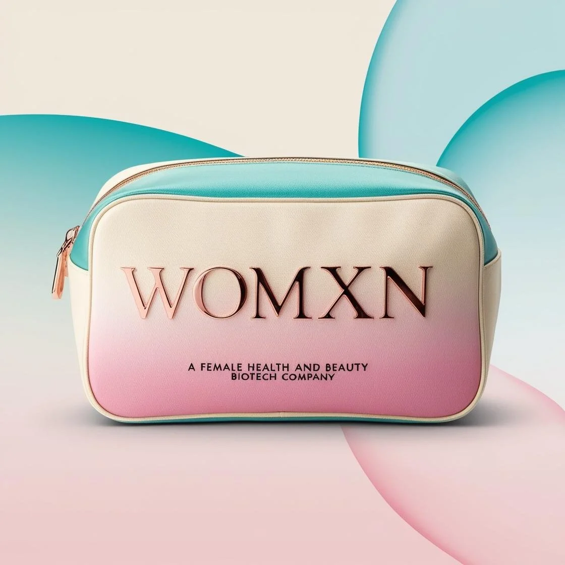 cream aqua pink gradient with rose gold text for %22womxn%22, a female health, beauty biotech company. create a branded lux makeup bag-3.jpg