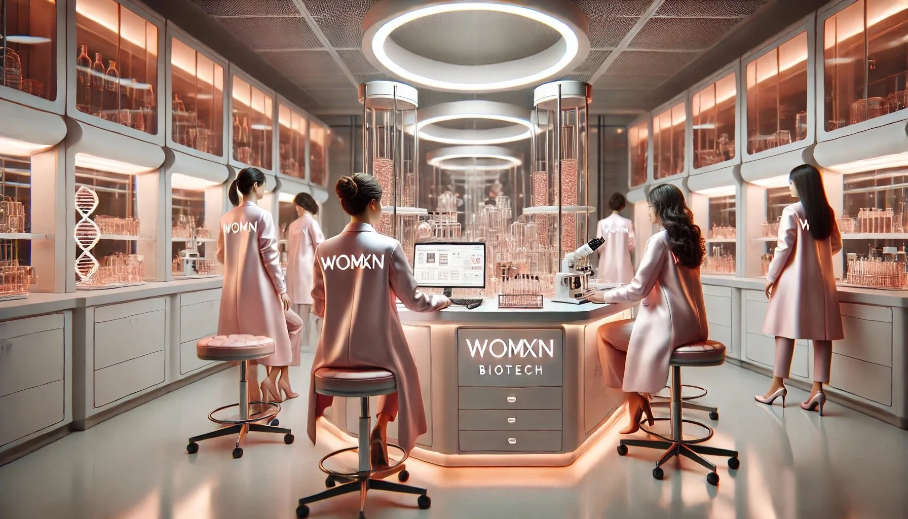 DALL·E 2024-11-19 08.03.36 - A high-quality promotional image of women scientists in a sleek biotech lab, wearing elegant pink lab coats branded with 'WOMXN.' The lab environment .jpeg