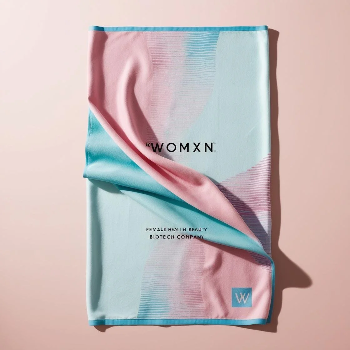 %22womxn%22 is a female health, beauty biotech company. create a branded lux beach towel. use pink somewhere, ice blue, pale aqua-6.jpg