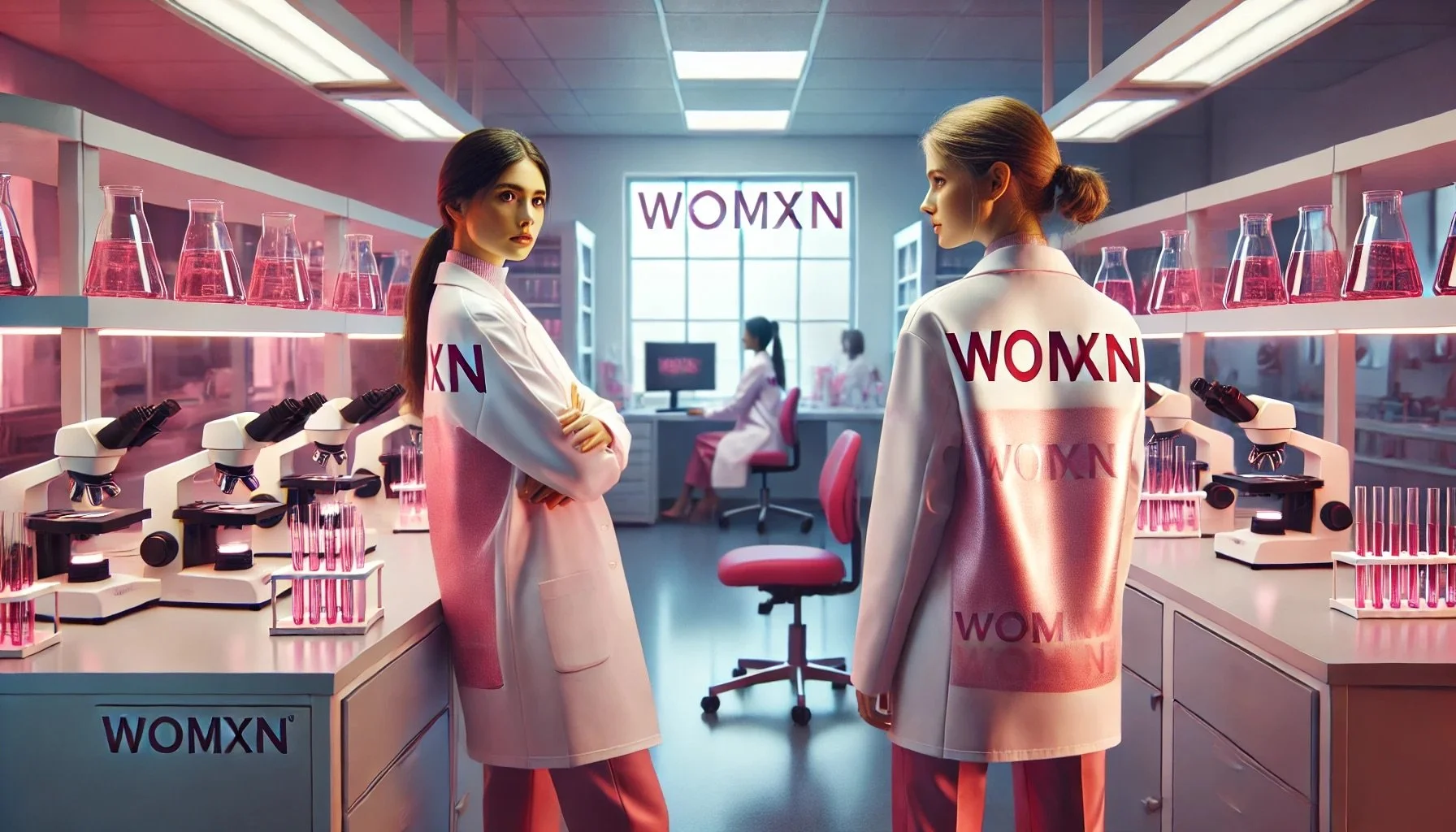DALL·E 2024-11-19 08.03.56 - A promotional image of women scientists in a modern biotech laboratory, wearing stylish pink lab coats with 'WOMXN' branding. The lab features high-te.jpeg