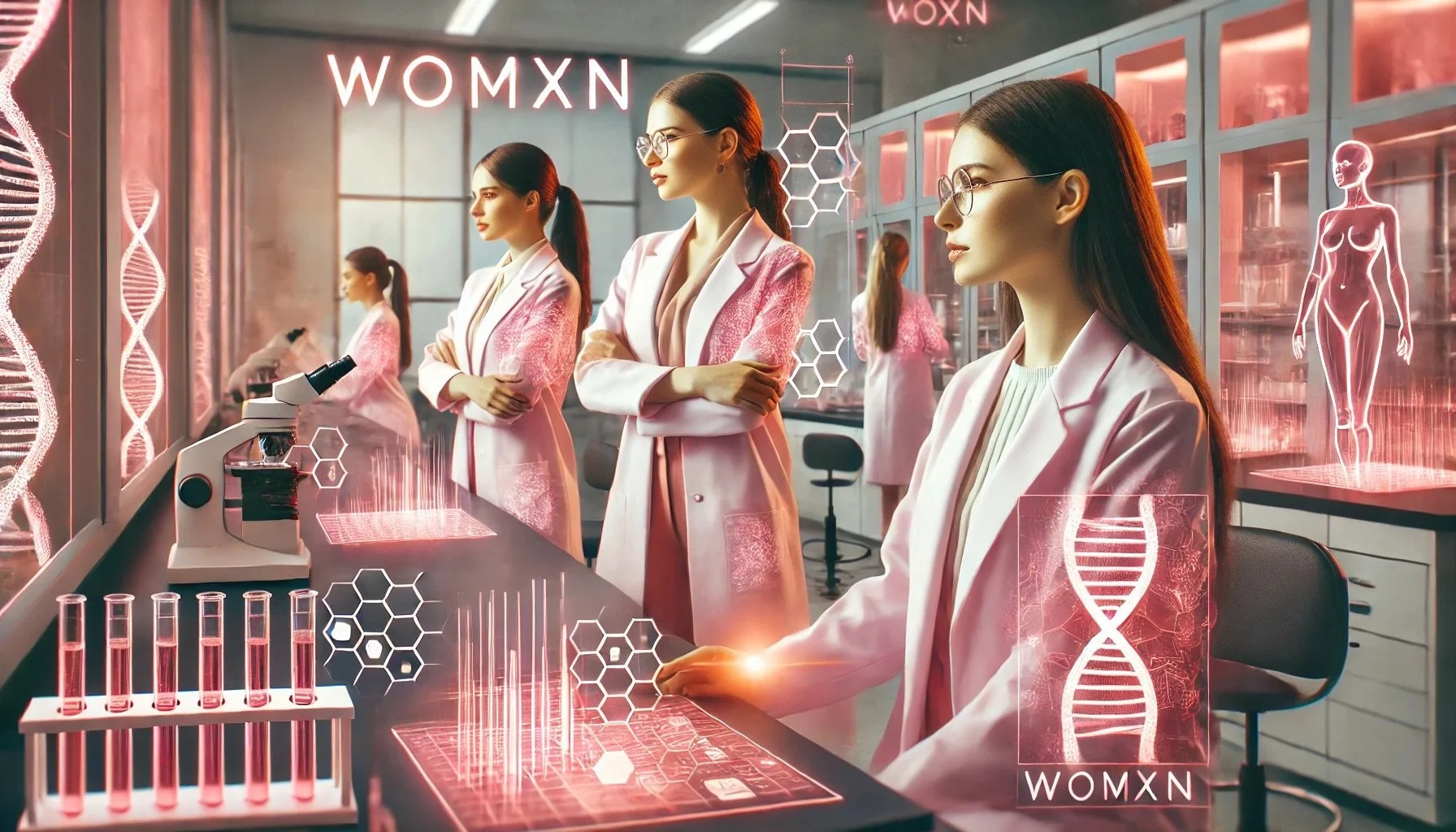 DALL·E 2024-11-19 08.04.57 - A modern promotional image of women scientists in a biotech lab, wearing elegant pink lab coats with 'WOMXN' branding. The lab has advanced scientific.jpeg
