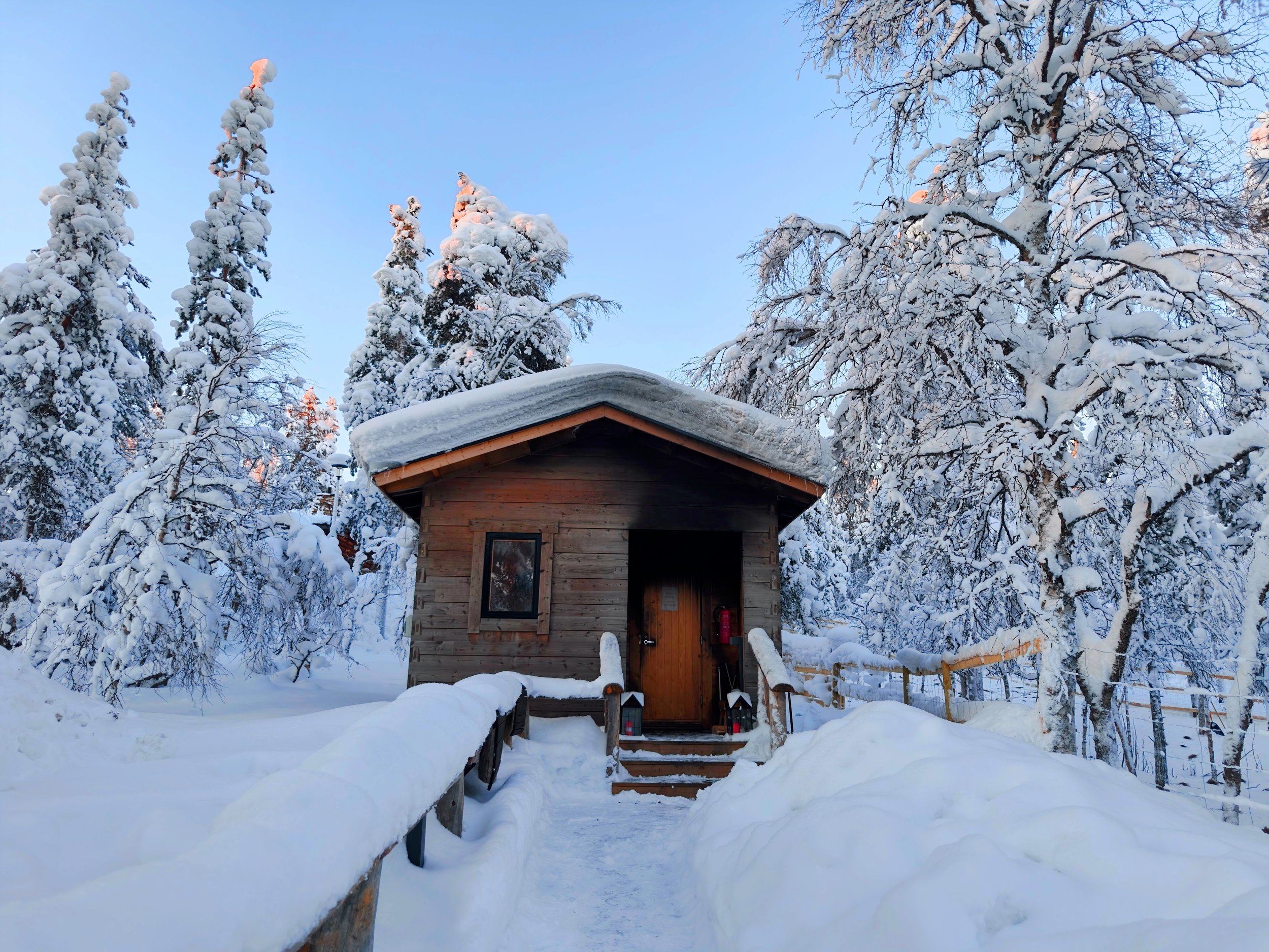Snow-covered wooden cabin in a winter forest with tall snow-laden trees and a clear blue sky.