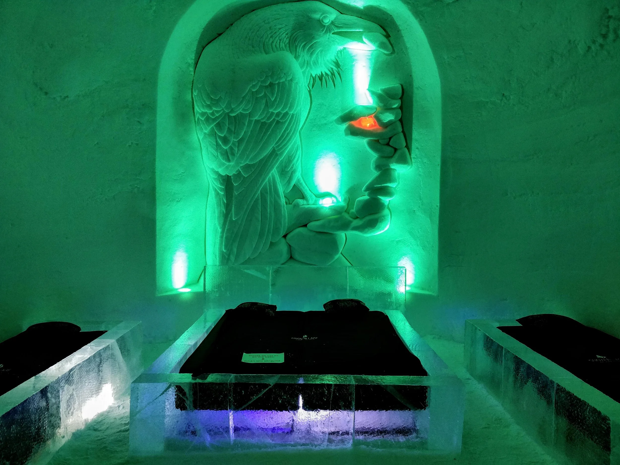 Ice sculpture of a human face with a bird perched on the chin, illuminated with green and blue lighting, inside an ice room.