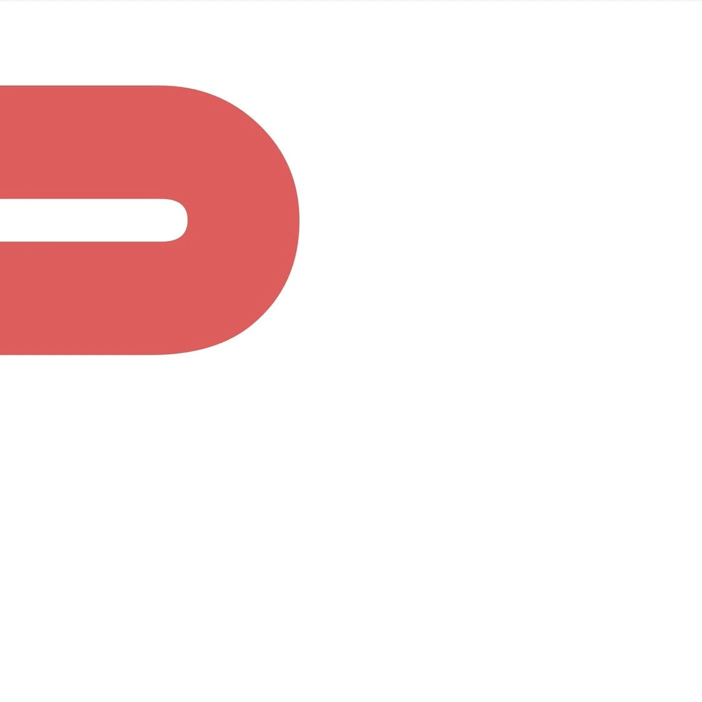 A minimalist graphic featuring a red arch shape tilted on its side, creating a clean and abstract design against a white background.