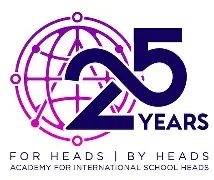 Logo celebrating 25 years of the Academy for International School Heads, featuring a purple globe and text.