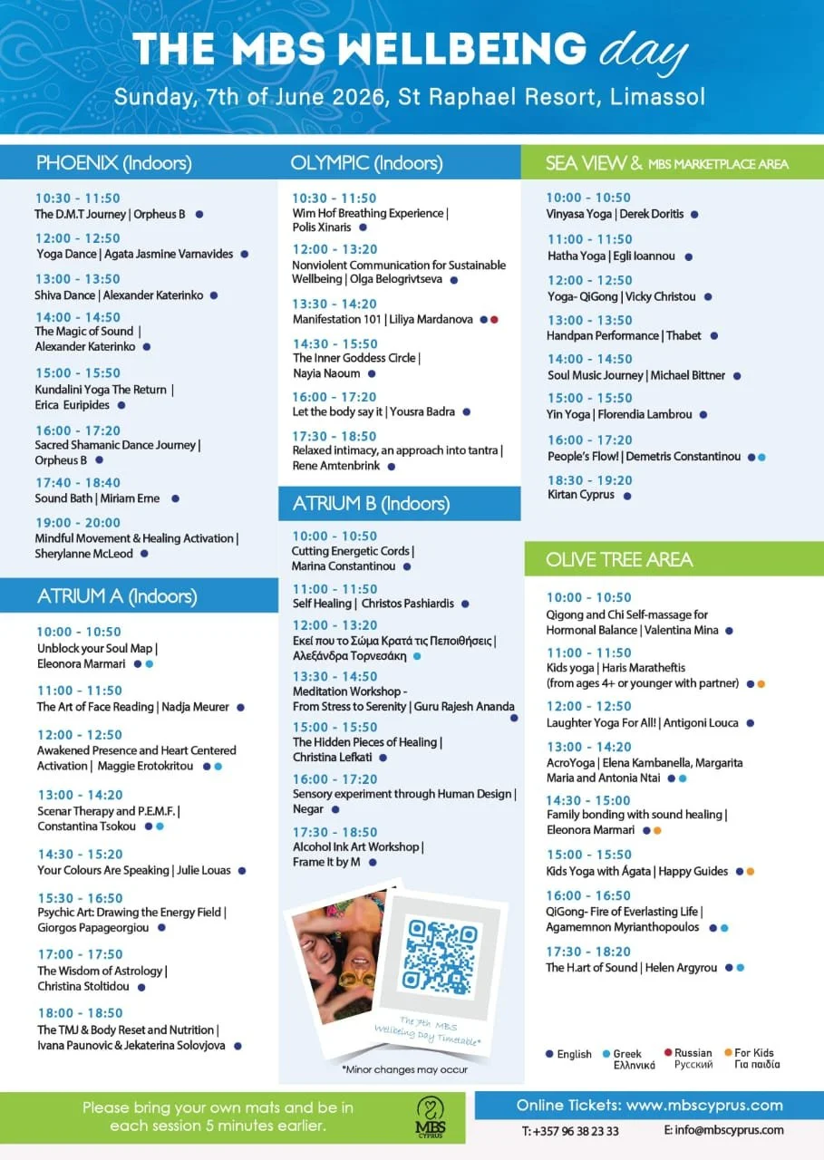 Schedule for the MBS Wellbeing Day on June 7, 2026, at St Raphael Resort in Limassol. The schedule includes indoor and outdoor wellness activities such as yoga, dance, sound therapy, meditation, and sound healing, organized across different indoor venues and an outdoor olive tree area, with specific times and instructor names listed.