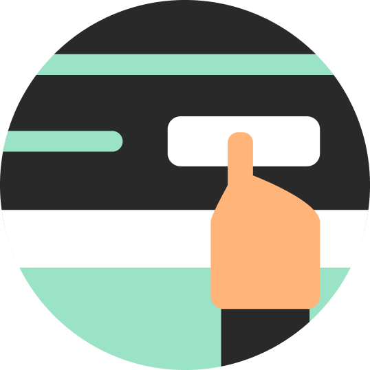 A hand with a black sleeve pressing a white button on a black surface, with horizontal mint green and white stripes.