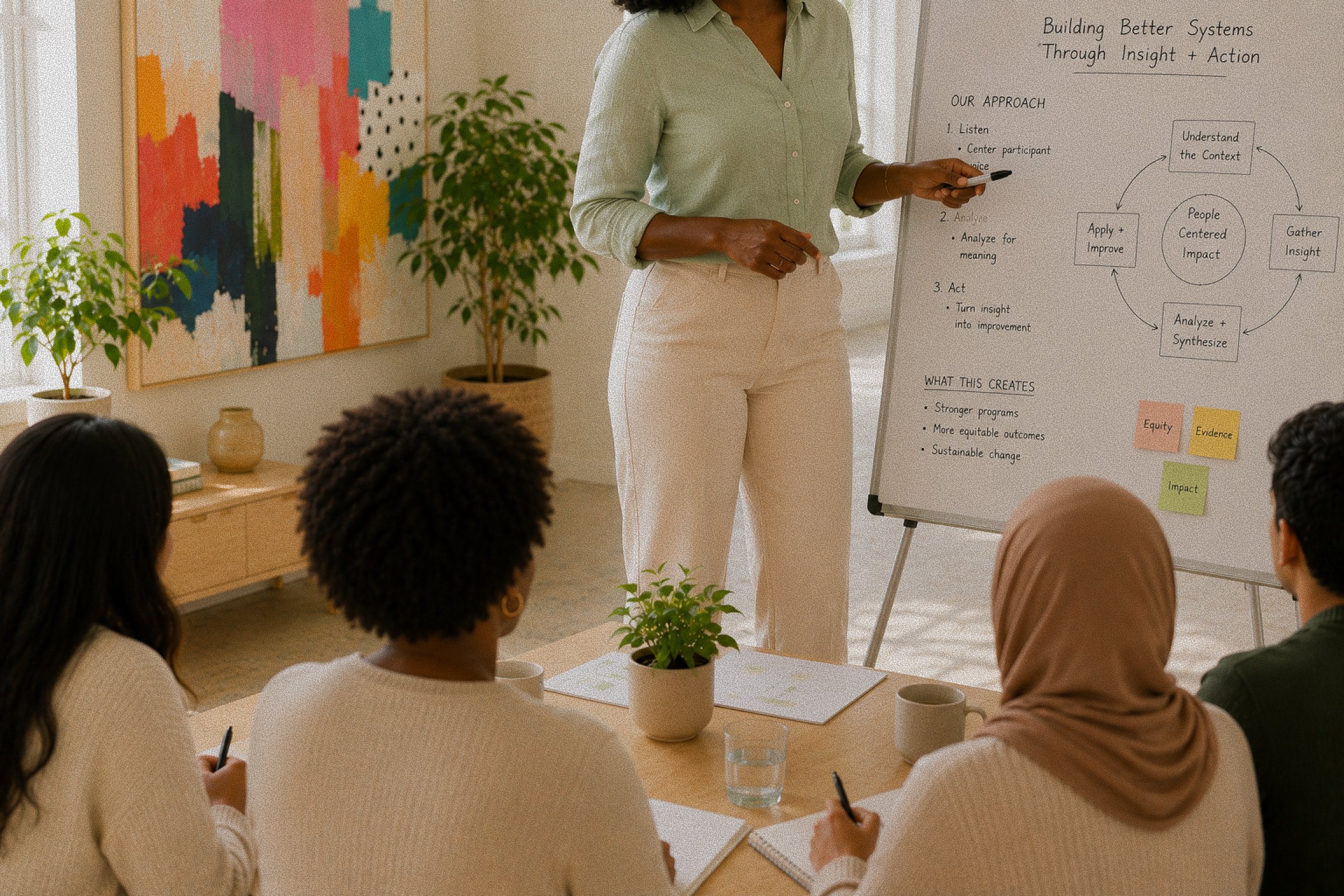 A woman in a light green shirt and beige pants leading a presentation in a room with a whiteboard displaying a diagram titled 'Building Better Systems Through Insight + Action.' Four people with notebooks and pens are seated around a table, listening, with potted plants and colorful wall art visible in the background.