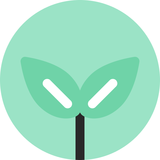 Simple digital illustration of a plant with two leaves and a black stem on a circular light green background.