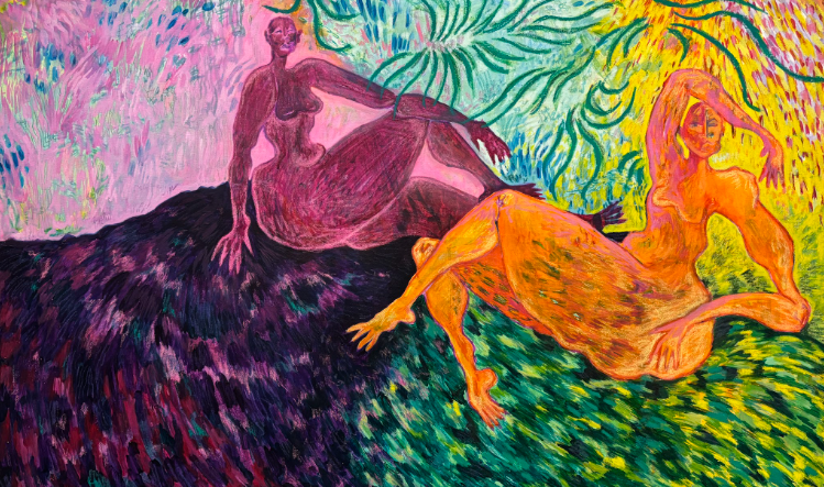 When the Palm Leaves Are Still and the Moment Is Hung (2025)
Oil, oil pastel, ink and acrylic on canvas
125 × 75 cm
