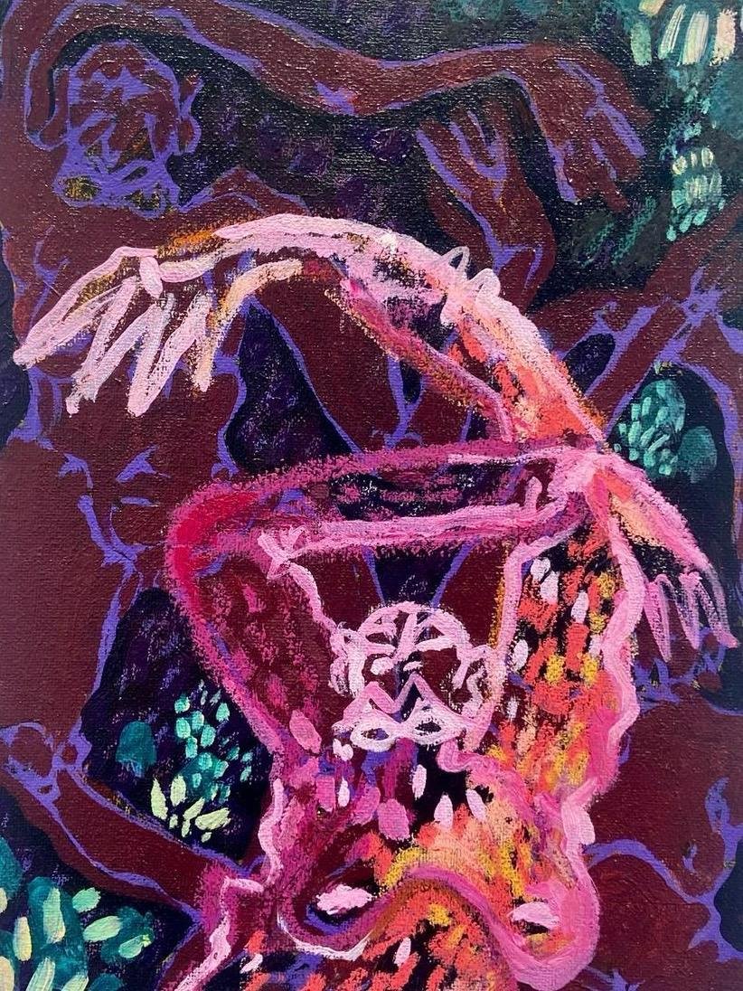 ‘Moonlight Discos in the Compound’ (2024)
acrylic, oil & oil pastel on canvas
23 x 30cm